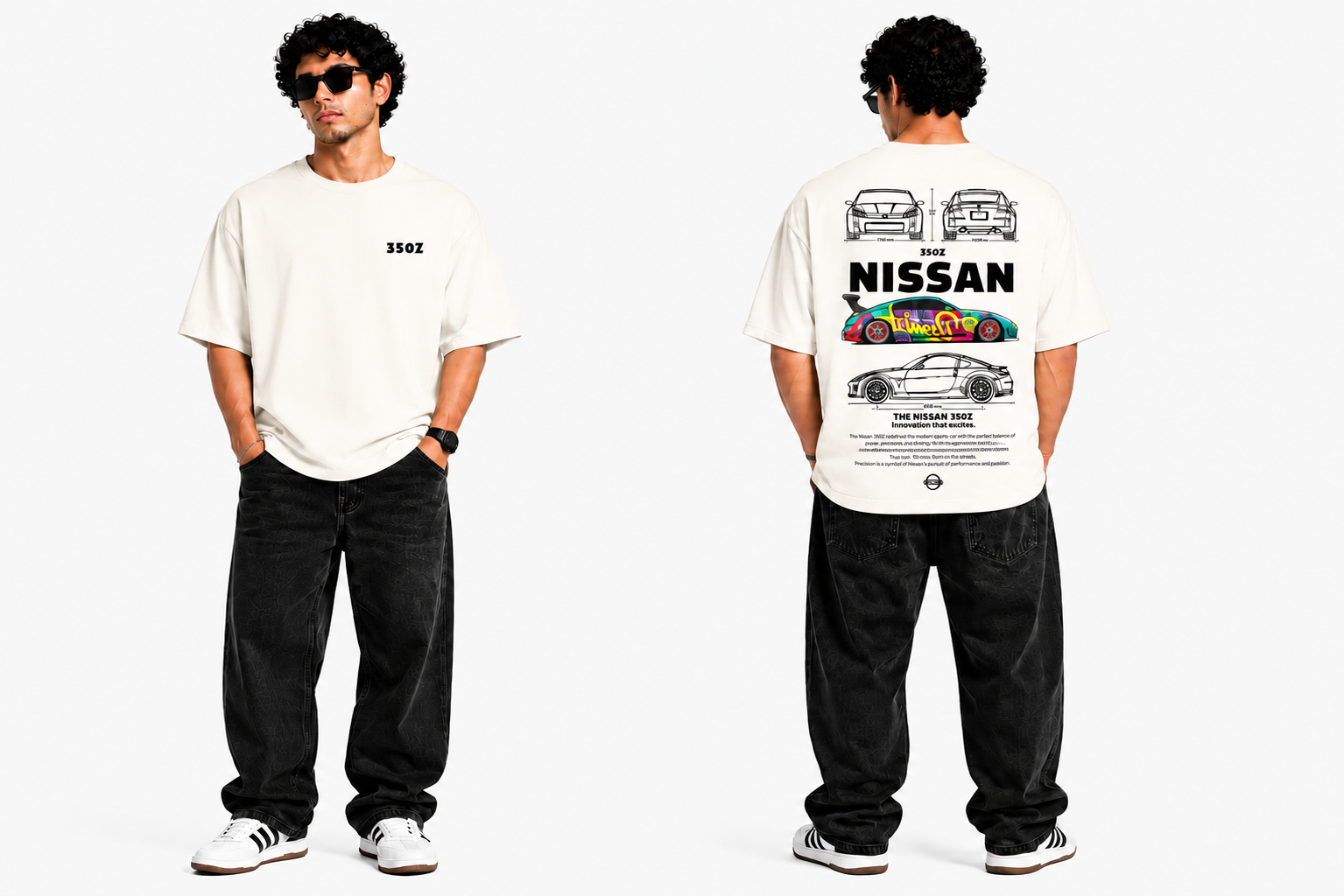 7KINGDOM 350Z Inspired Oversized T-Shirt – Premium 240 GSM Bio-Washed Cotton | Drop Shoulder Streetwear Graphic Tee | Unisex Off White