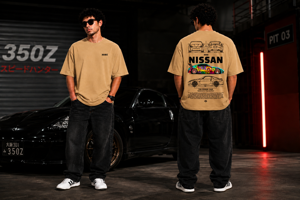 7KINGDOM 350Z Inspired Oversized T-Shirt – Premium 240 GSM Bio-Washed Cotton | Drop Shoulder Streetwear Graphic Tee | Unisex Beige