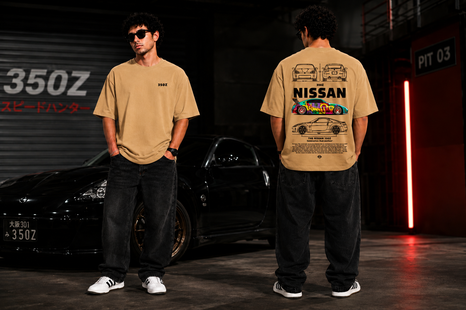 7KINGDOM 350Z Inspired Oversized T-Shirt – Premium 240 GSM Bio-Washed Cotton | Drop Shoulder Streetwear Graphic Tee | Unisex Beige
