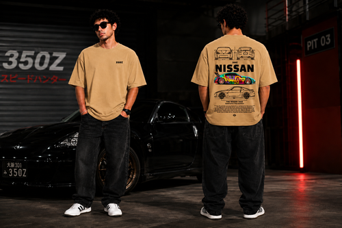 7KINGDOM 350Z Inspired Oversized T-Shirt – Premium 240 GSM Bio-Washed Cotton | Drop Shoulder Streetwear Graphic Tee | Unisex Beige