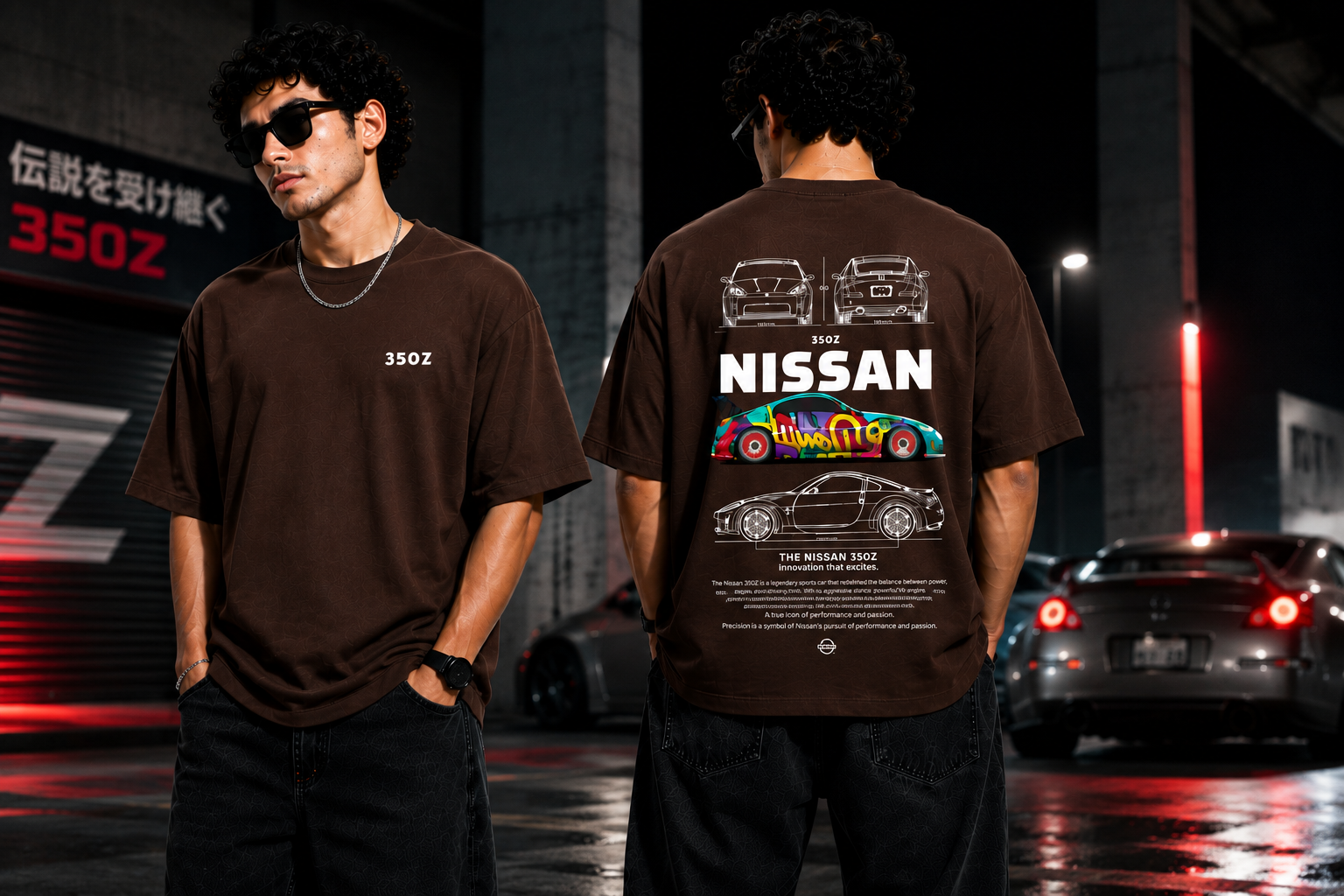 7KINGDOM 350Z Inspired Oversized T-Shirt – Premium 240 GSM Bio-Washed Cotton | Drop Shoulder Streetwear Graphic Tee | Unisex Chocklate Brown