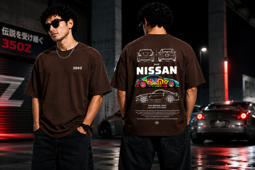 7KINGDOM 350Z Inspired Oversized T-Shirt – Premium 240 GSM Bio-Washed Cotton | Drop Shoulder Streetwear Graphic Tee | Unisex Chocklate Brown