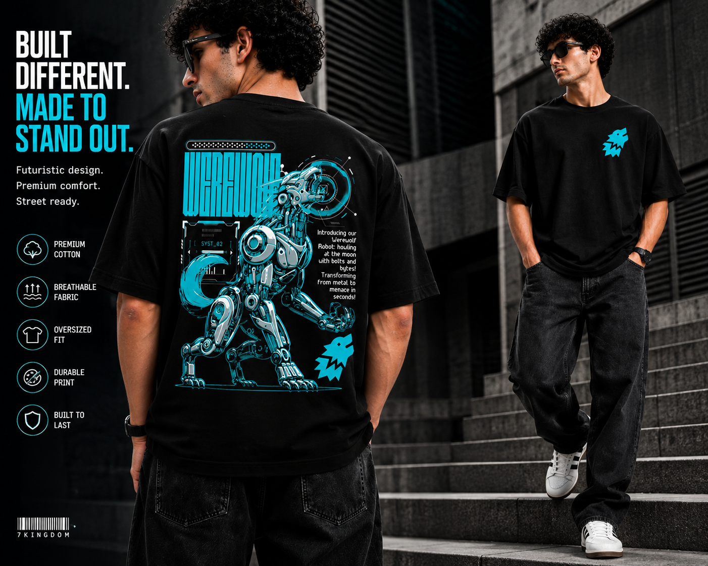 7KINGDOM Oversized Werewolf Graphic T-Shirt for Men | 240 GSM Heavyweight Cotton | Bio Washed Drop Shoulder Oversize Tee | Premium Streetwear Black