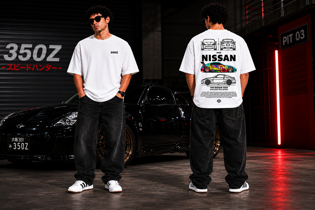 7KINGDOM 350Z Inspired Oversized T-Shirt – Premium 240 GSM Bio-Washed Cotton | Drop Shoulder Streetwear Graphic Tee | Unisex White