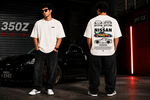 7KINGDOM 350Z Inspired Oversized T-Shirt – Premium 240 GSM Bio-Washed Cotton | Drop Shoulder Streetwear Graphic Tee | Unisex Off White