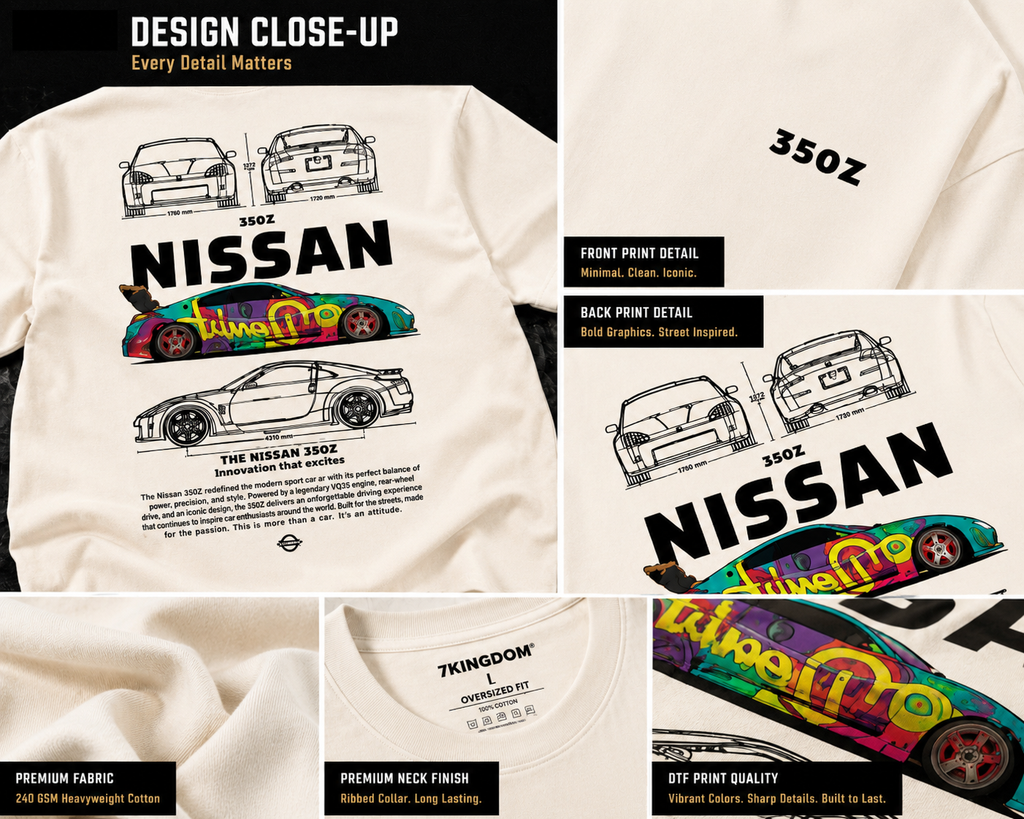 7KINGDOM 350Z Inspired Oversized T-Shirt – Premium 240 GSM Bio-Washed Cotton | Drop Shoulder Streetwear Graphic Tee | Unisex Off White
