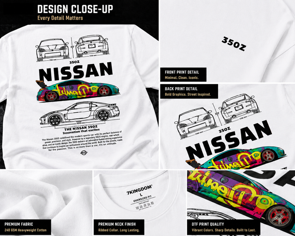 7KINGDOM 350Z Inspired Oversized T-Shirt – Premium 240 GSM Bio-Washed Cotton | Drop Shoulder Streetwear Graphic Tee | Unisex White