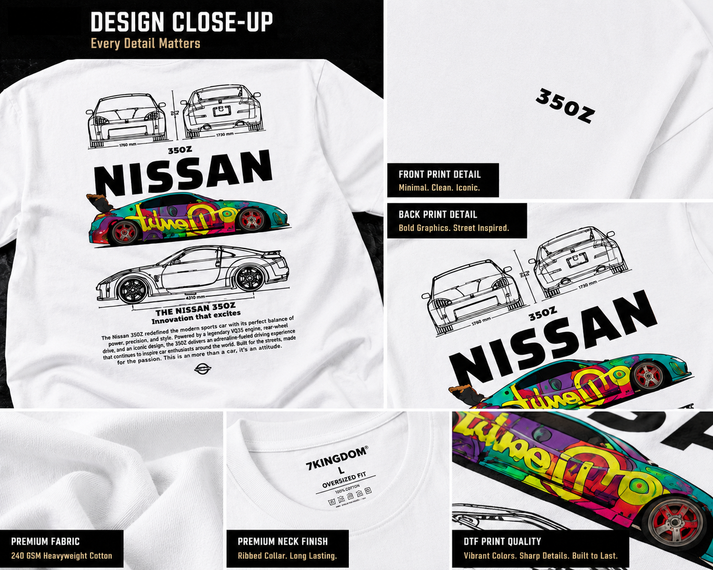 7KINGDOM 350Z Inspired Oversized T-Shirt – Premium 240 GSM Bio-Washed Cotton | Drop Shoulder Streetwear Graphic Tee | Unisex White