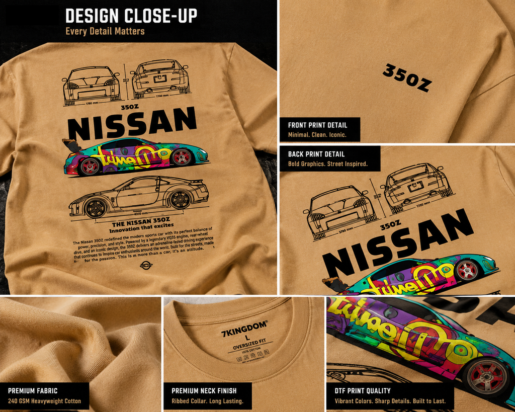 7KINGDOM 350Z Inspired Oversized T-Shirt – Premium 240 GSM Bio-Washed Cotton | Drop Shoulder Streetwear Graphic Tee | Unisex Beige