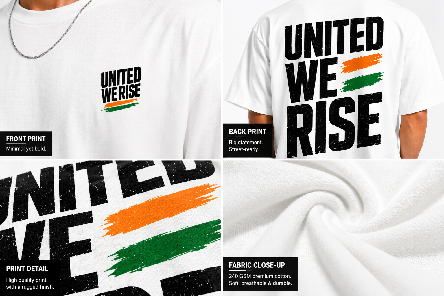 United We Rise Oversized T-Shirt | 240 GSM Premium Cotton | Unisex Streetwear | White