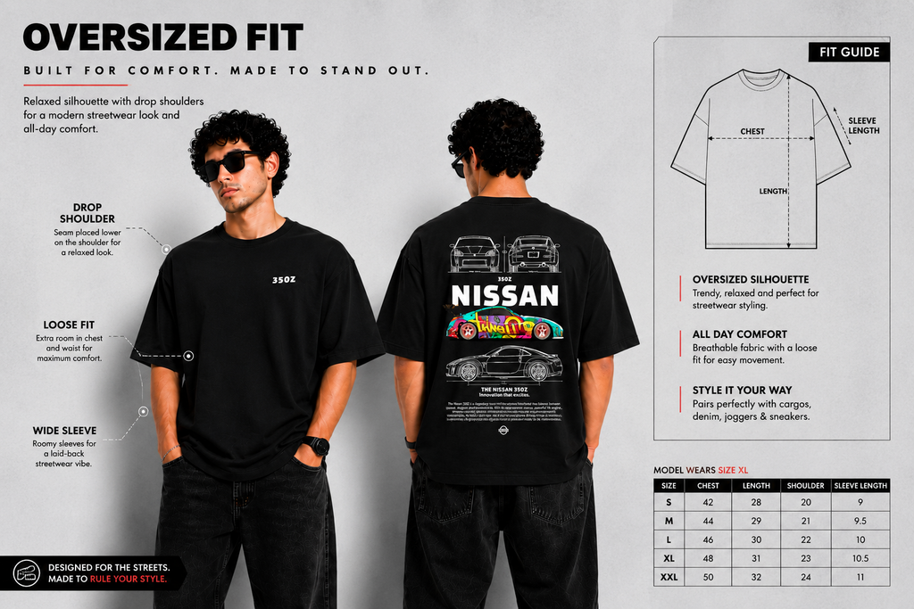 7KINGDOM 350Z Inspired Oversized T-Shirt – Premium 240 GSM Bio-Washed Cotton | Drop Shoulder Streetwear Graphic Tee | Unisex Black