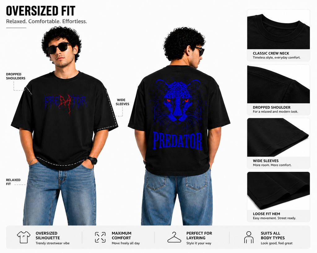 7KINGDOM Predator Oversized T-Shirt – Premium 240 GSM Streetwear Graphic Tee | Back Print Unisex Oversize Fit