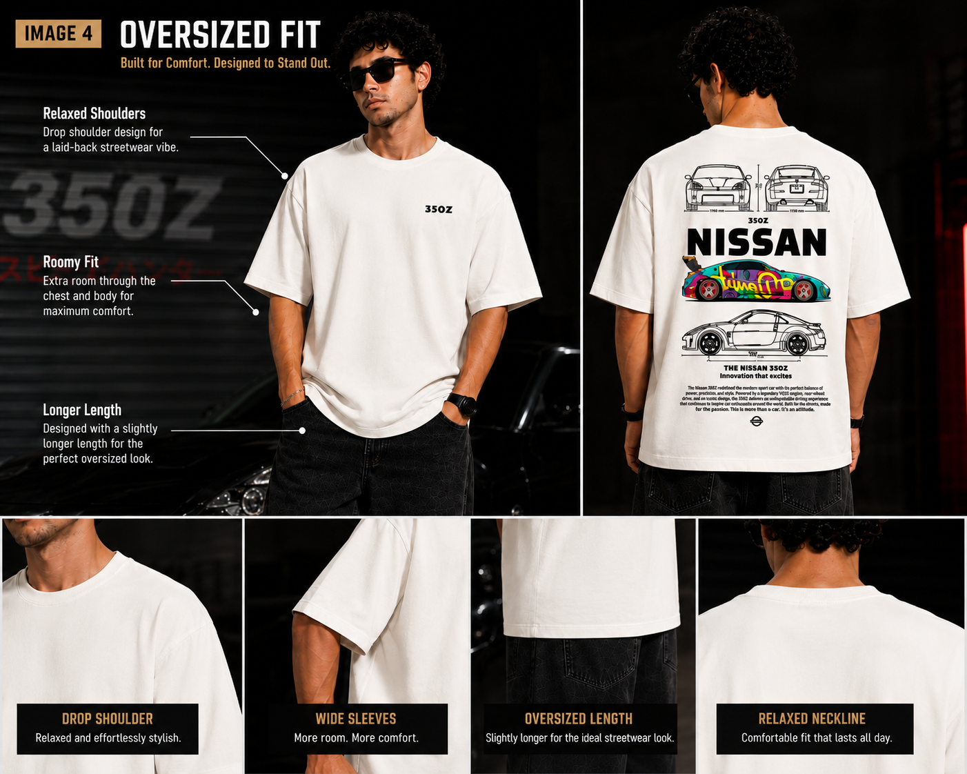 7KINGDOM 350Z Inspired Oversized T-Shirt – Premium 240 GSM Bio-Washed Cotton | Drop Shoulder Streetwear Graphic Tee | Unisex Off White