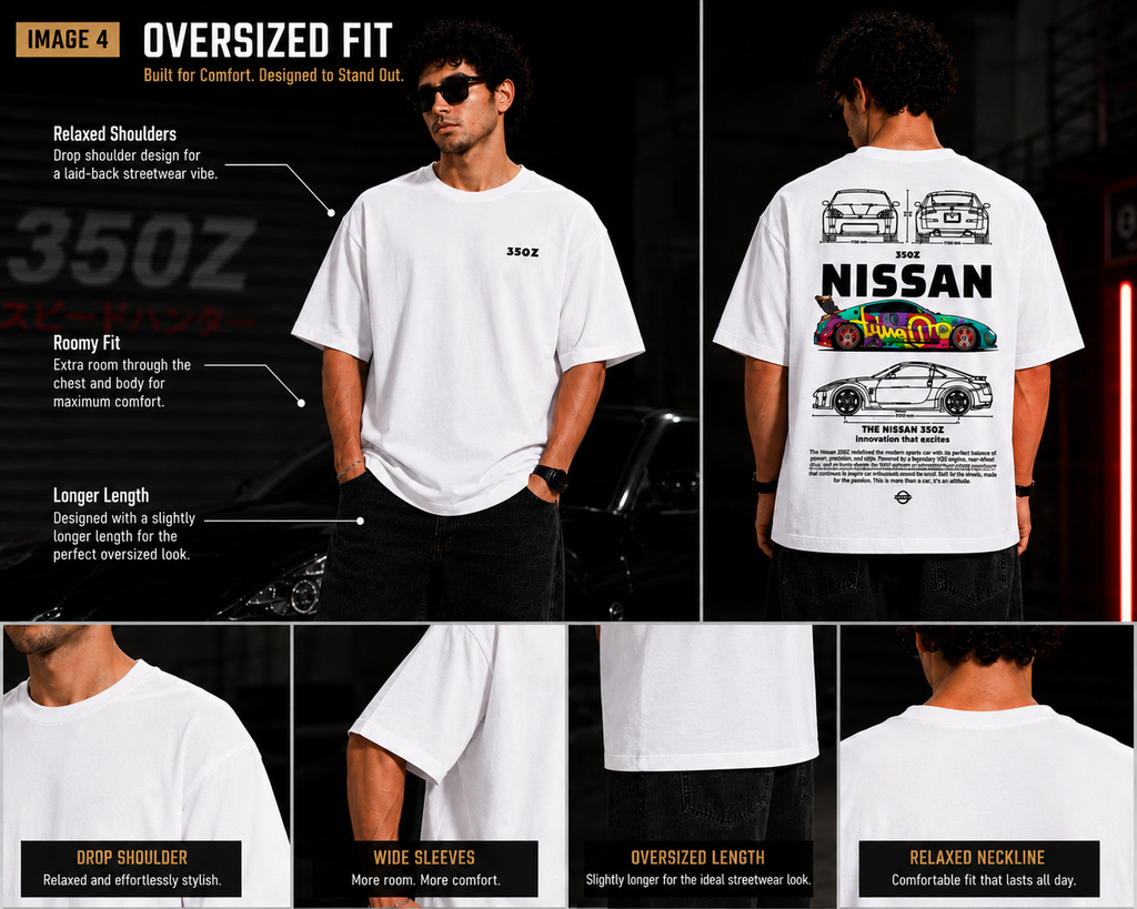 7KINGDOM 350Z Inspired Oversized T-Shirt – Premium 240 GSM Bio-Washed Cotton | Drop Shoulder Streetwear Graphic Tee | Unisex White