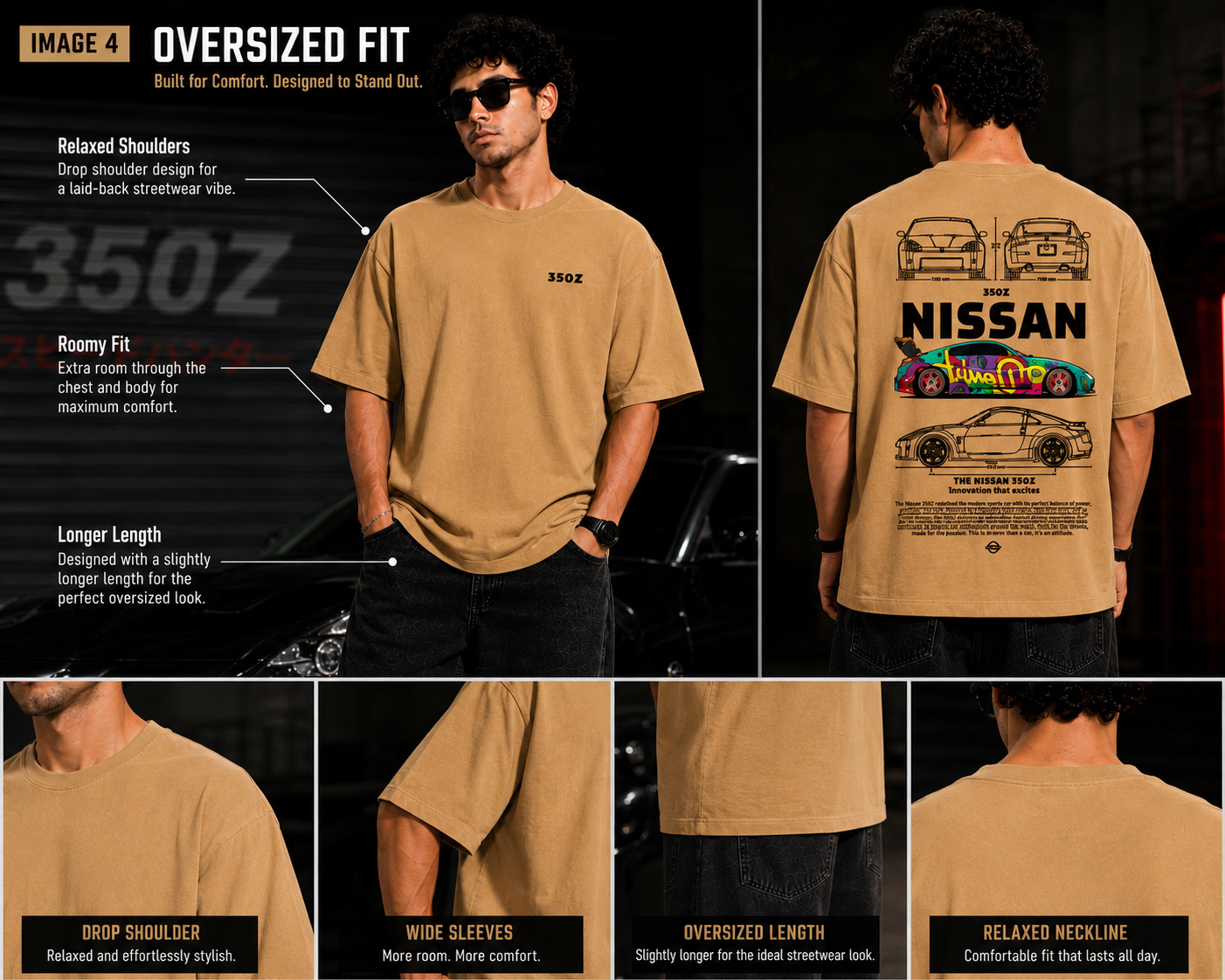 7KINGDOM 350Z Inspired Oversized T-Shirt – Premium 240 GSM Bio-Washed Cotton | Drop Shoulder Streetwear Graphic Tee | Unisex Beige