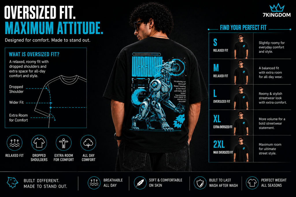 7KINGDOM Oversized Werewolf Graphic T-Shirt for Men | 240 GSM Heavyweight Cotton | Bio Washed Drop Shoulder Oversize Tee | Premium Streetwear Black