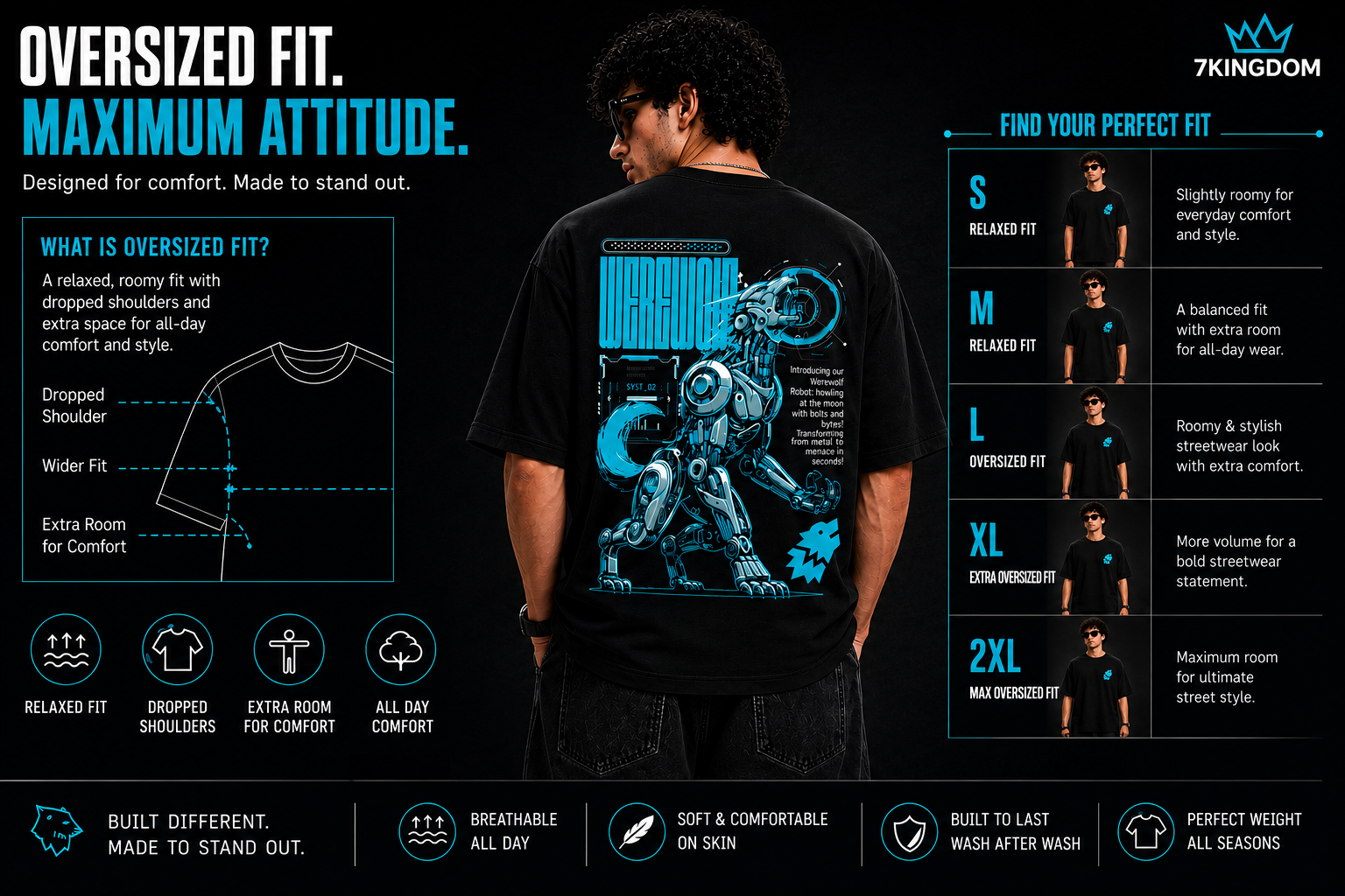 7KINGDOM Oversized Werewolf Graphic T-Shirt for Men | 240 GSM Heavyweight Cotton | Bio Washed Drop Shoulder Oversize Tee | Premium Streetwear Black