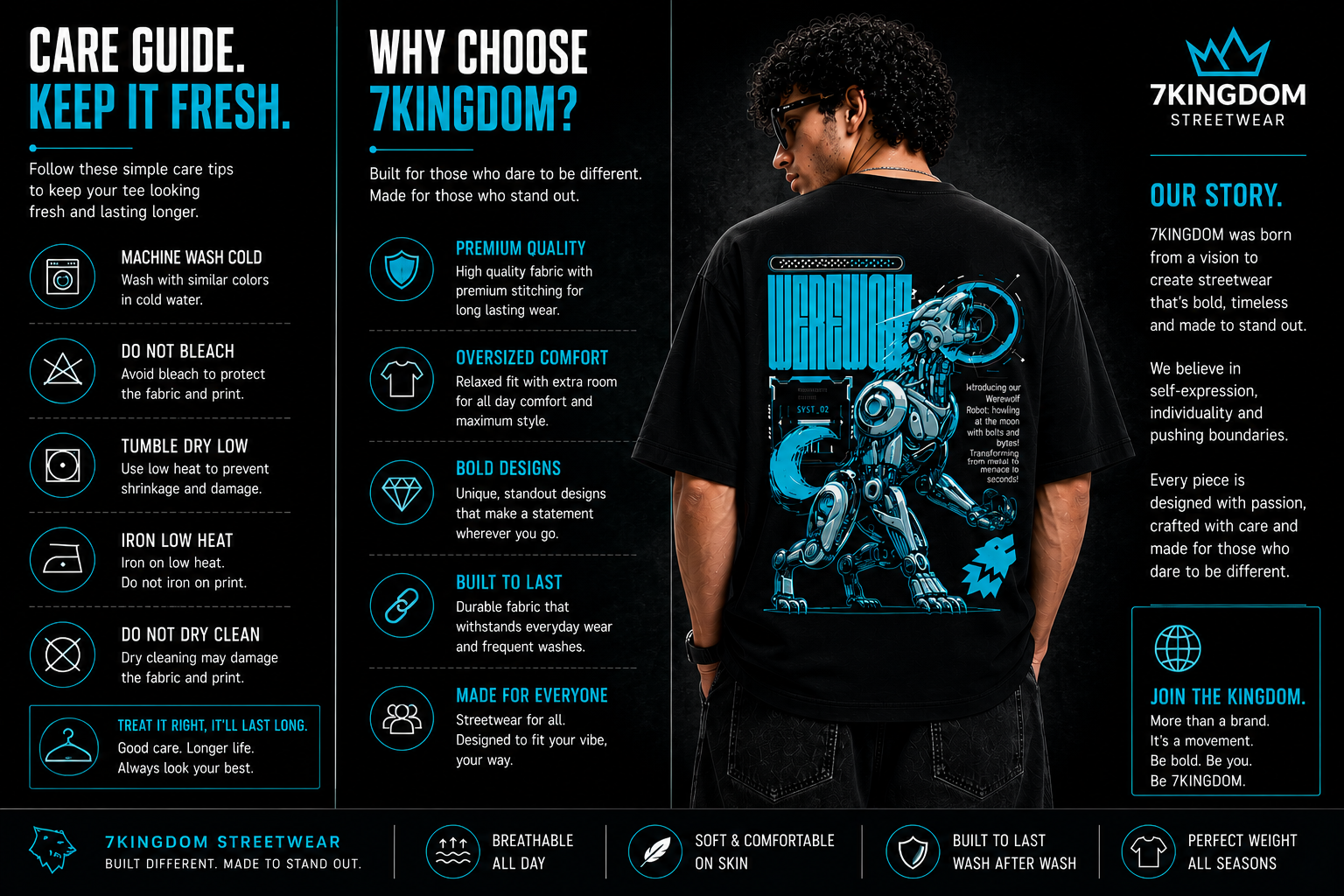 7KINGDOM Oversized Werewolf Graphic T-Shirt for Men | 240 GSM Heavyweight Cotton | Bio Washed Drop Shoulder Oversize Tee | Premium Streetwear Black