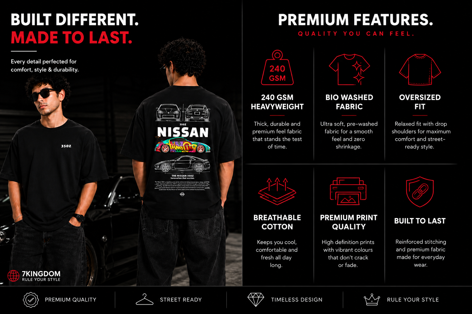 7KINGDOM 350Z Inspired Oversized T-Shirt – Premium 240 GSM Bio-Washed Cotton | Drop Shoulder Streetwear Graphic Tee | Unisex Black