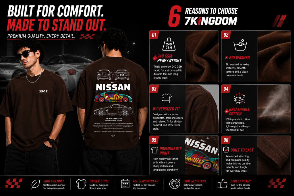 7KINGDOM 350Z Inspired Oversized T-Shirt – Premium 240 GSM Bio-Washed Cotton | Drop Shoulder Streetwear Graphic Tee | Unisex Chocklate Brown