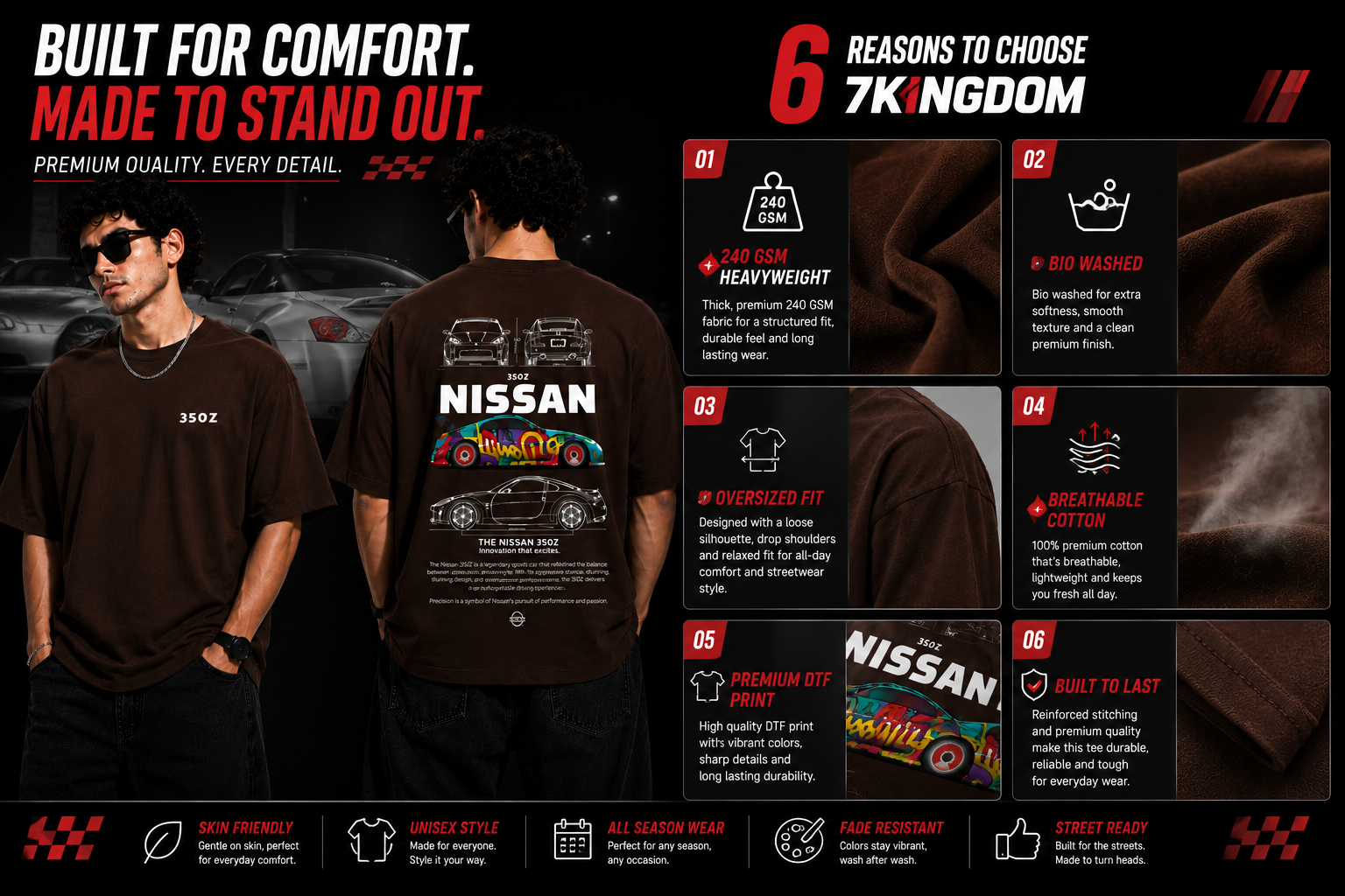 7KINGDOM 350Z Inspired Oversized T-Shirt – Premium 240 GSM Bio-Washed Cotton | Drop Shoulder Streetwear Graphic Tee | Unisex Chocklate Brown