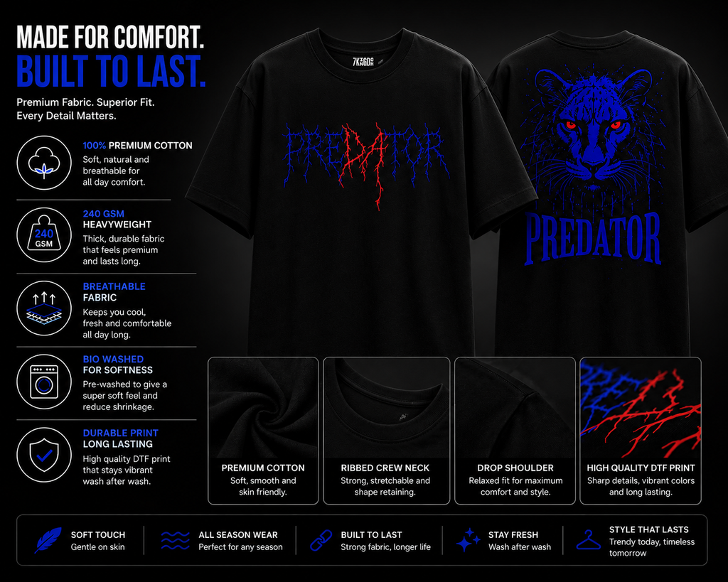 7KINGDOM Predator Oversized T-Shirt – Premium 240 GSM Streetwear Graphic Tee | Back Print Unisex Oversize Fit