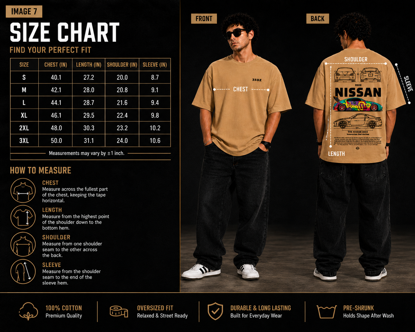 7KINGDOM 350Z Inspired Oversized T-Shirt – Premium 240 GSM Bio-Washed Cotton | Drop Shoulder Streetwear Graphic Tee | Unisex Beige