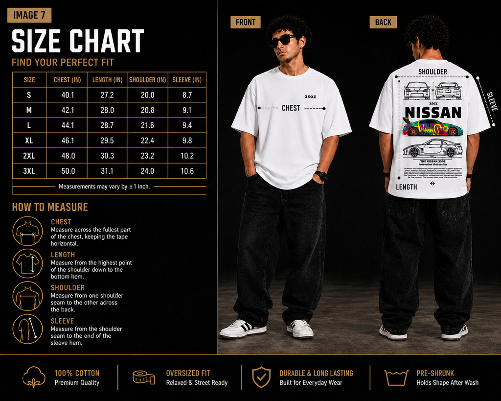 7KINGDOM 350Z Inspired Oversized T-Shirt – Premium 240 GSM Bio-Washed Cotton | Drop Shoulder Streetwear Graphic Tee | Unisex White