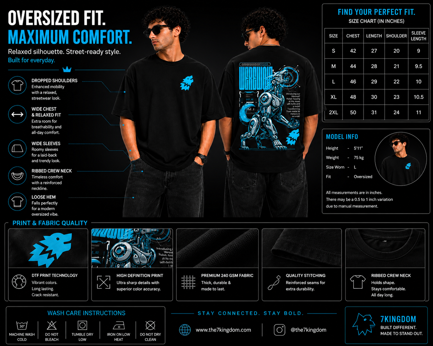7KINGDOM Oversized Werewolf Graphic T-Shirt for Men | 240 GSM Heavyweight Cotton | Bio Washed Drop Shoulder Oversize Tee | Premium Streetwear Black