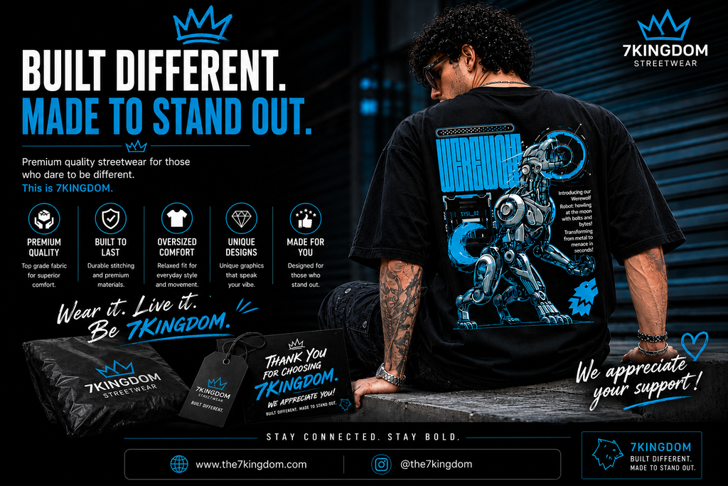 7KINGDOM Oversized Werewolf Graphic T-Shirt for Men | 240 GSM Heavyweight Cotton | Bio Washed Drop Shoulder Oversize Tee | Premium Streetwear Black
