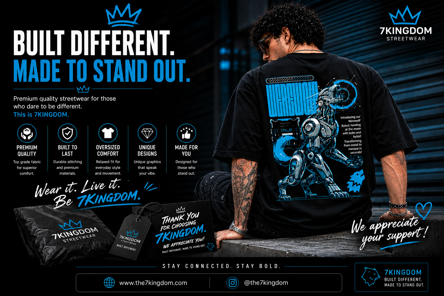 7KINGDOM Oversized Werewolf Graphic T-Shirt for Men | 240 GSM Heavyweight Cotton | Bio Washed Drop Shoulder Oversize Tee | Premium Streetwear Black