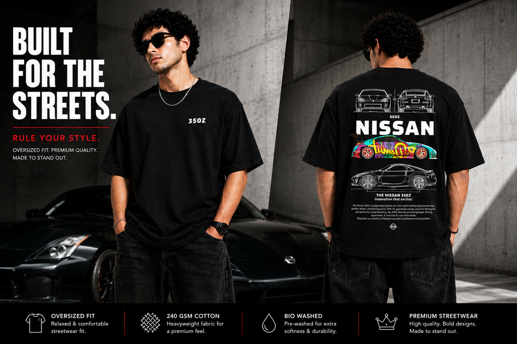 7KINGDOM 350Z Inspired Oversized T-Shirt – Premium 240 GSM Bio-Washed Cotton | Drop Shoulder Streetwear Graphic Tee | Unisex Black