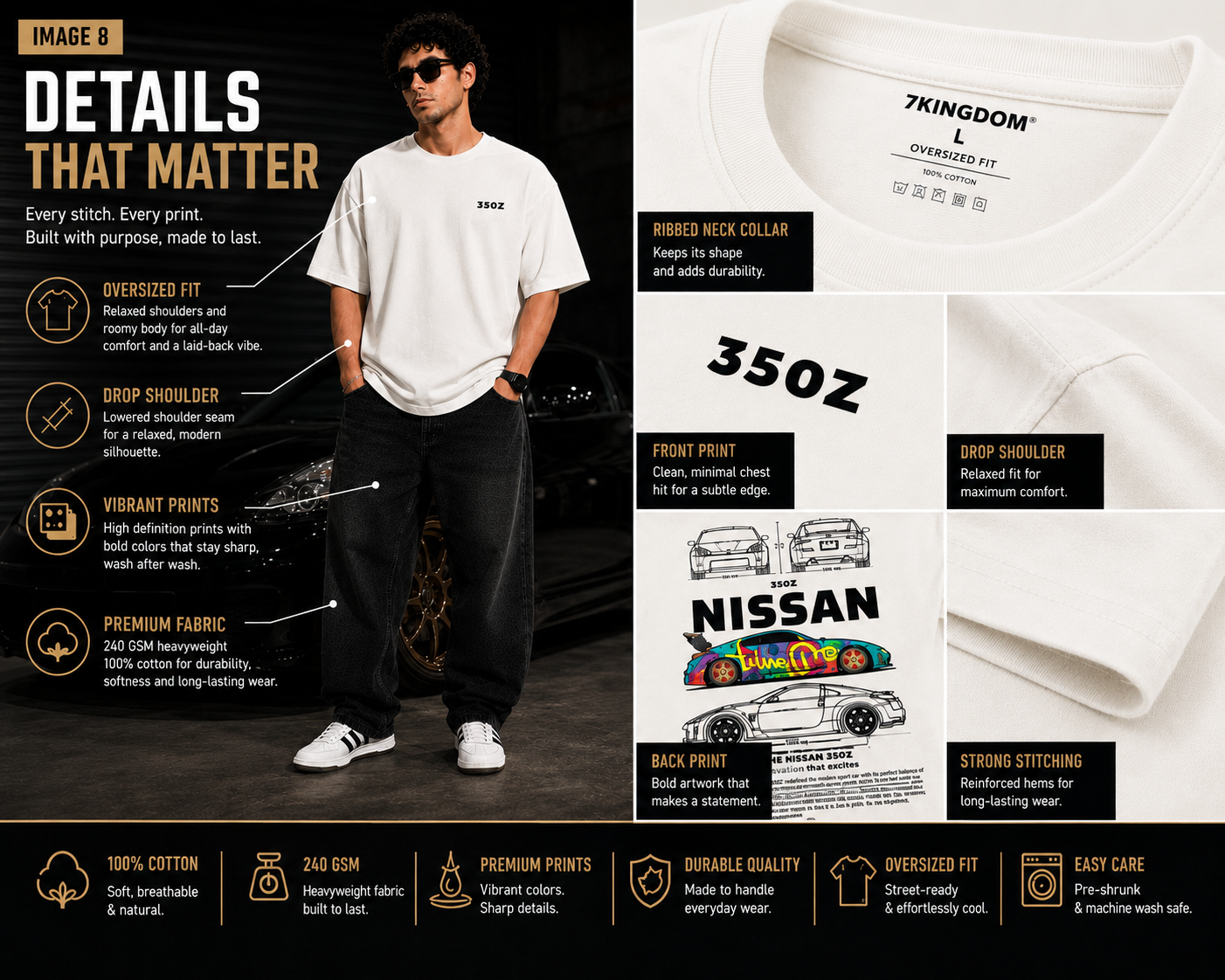7KINGDOM 350Z Inspired Oversized T-Shirt – Premium 240 GSM Bio-Washed Cotton | Drop Shoulder Streetwear Graphic Tee | Unisex Off White
