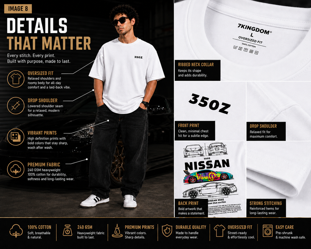 7KINGDOM 350Z Inspired Oversized T-Shirt – Premium 240 GSM Bio-Washed Cotton | Drop Shoulder Streetwear Graphic Tee | Unisex White
