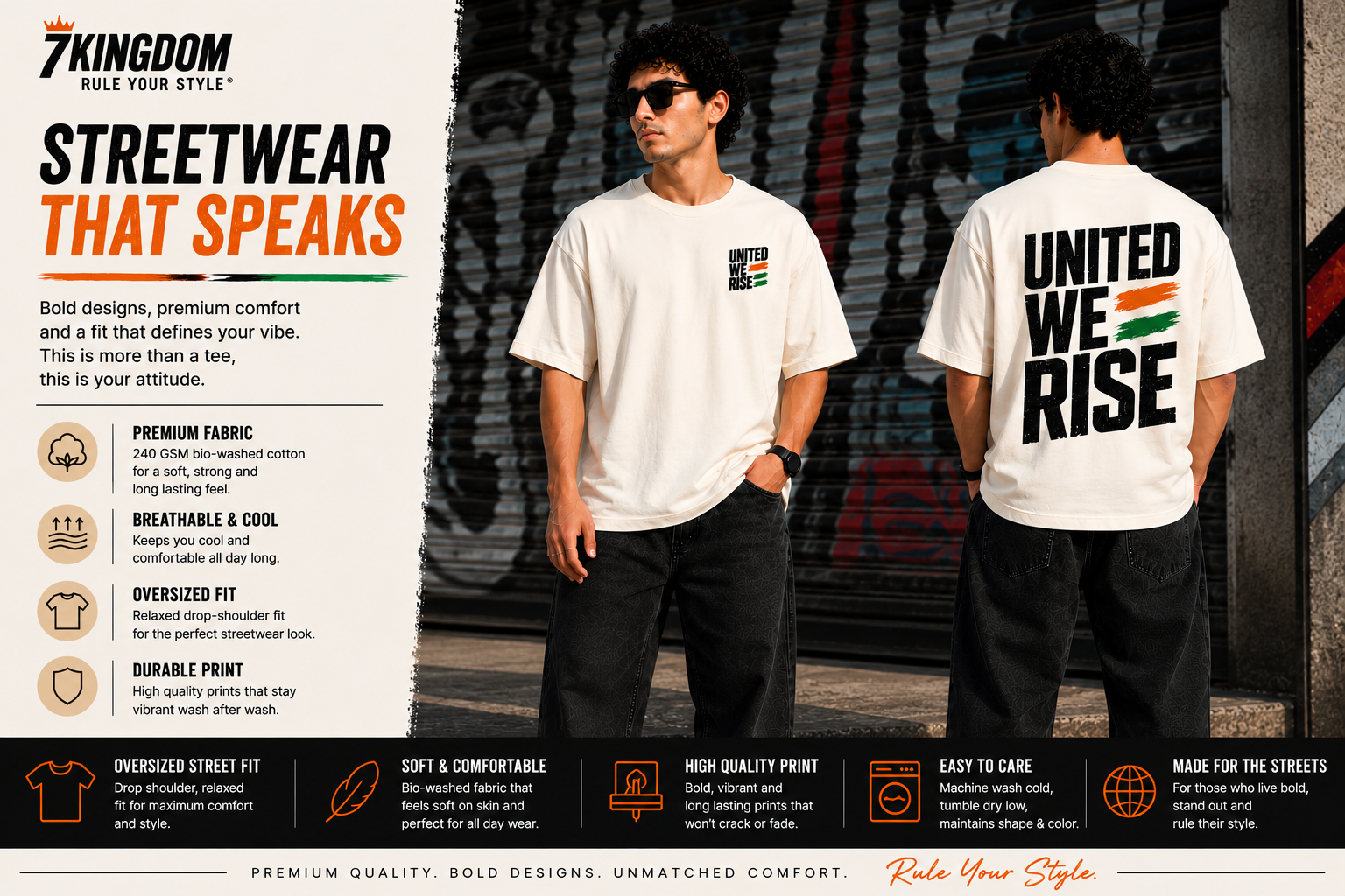 United We Rise Oversized T-Shirt | 240 GSM Premium Cotton | Unisex Streetwear | Off White