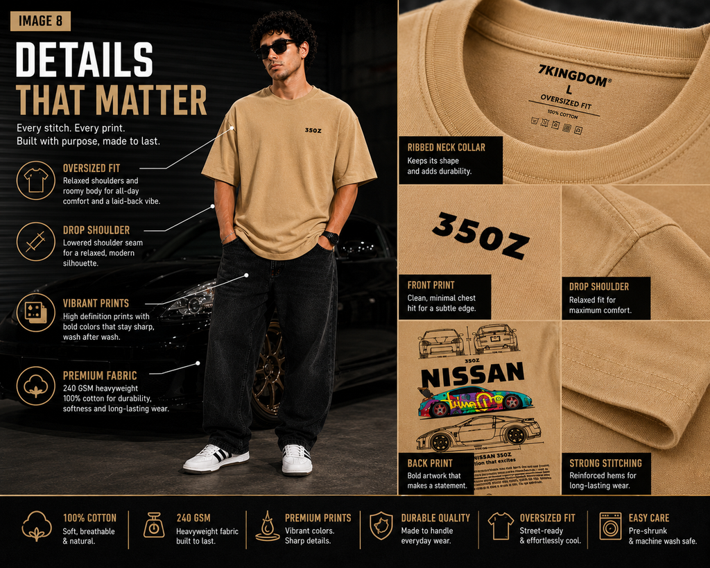 7KINGDOM 350Z Inspired Oversized T-Shirt – Premium 240 GSM Bio-Washed Cotton | Drop Shoulder Streetwear Graphic Tee | Unisex Beige