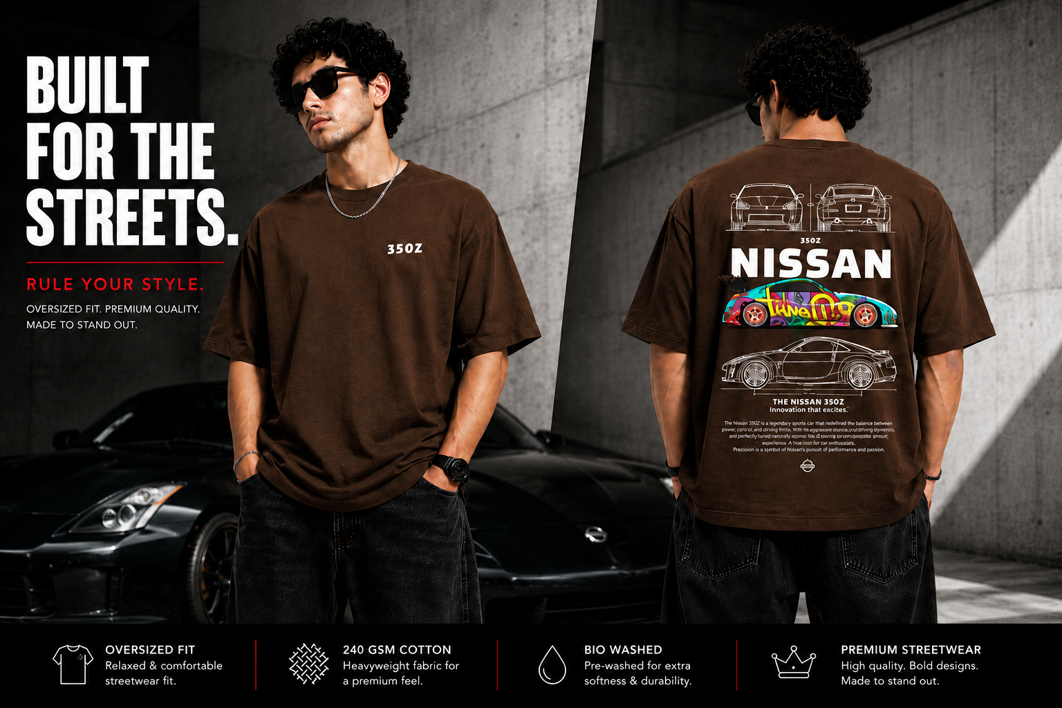 7KINGDOM 350Z Inspired Oversized T-Shirt – Premium 240 GSM Bio-Washed Cotton | Drop Shoulder Streetwear Graphic Tee | Unisex Chocklate Brown