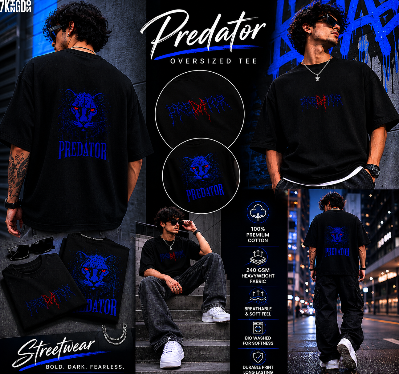 7KINGDOM Predator Oversized T-Shirt – Premium 240 GSM Streetwear Graphic Tee | Back Print Unisex Oversize Fit