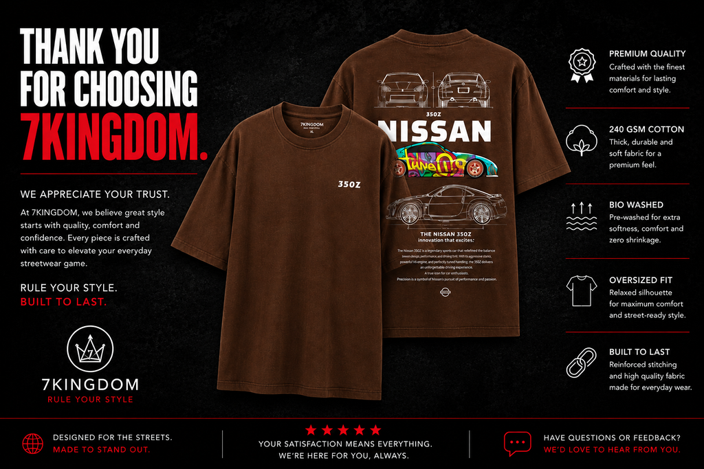 7KINGDOM 350Z Inspired Oversized T-Shirt – Premium 240 GSM Bio-Washed Cotton | Drop Shoulder Streetwear Graphic Tee | Unisex Chocklate Brown