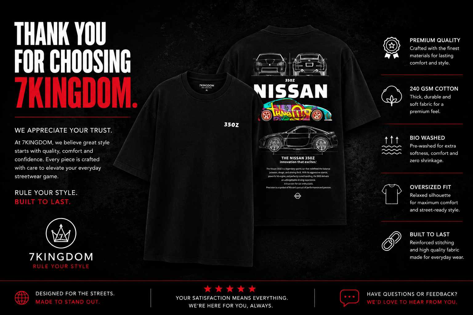 7KINGDOM 350Z Inspired Oversized T-Shirt – Premium 240 GSM Bio-Washed Cotton | Drop Shoulder Streetwear Graphic Tee | Unisex Black