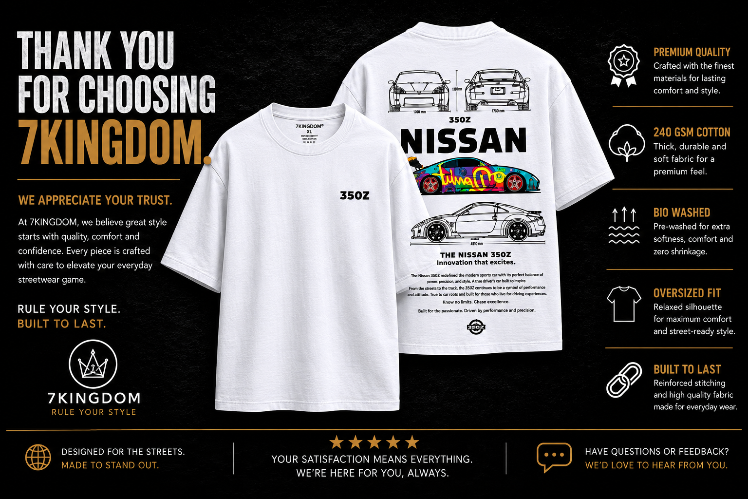 7KINGDOM 350Z Inspired Oversized T-Shirt – Premium 240 GSM Bio-Washed Cotton | Drop Shoulder Streetwear Graphic Tee | Unisex White