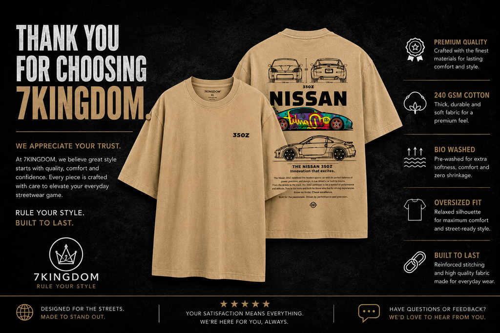 7KINGDOM 350Z Inspired Oversized T-Shirt – Premium 240 GSM Bio-Washed Cotton | Drop Shoulder Streetwear Graphic Tee | Unisex Beige