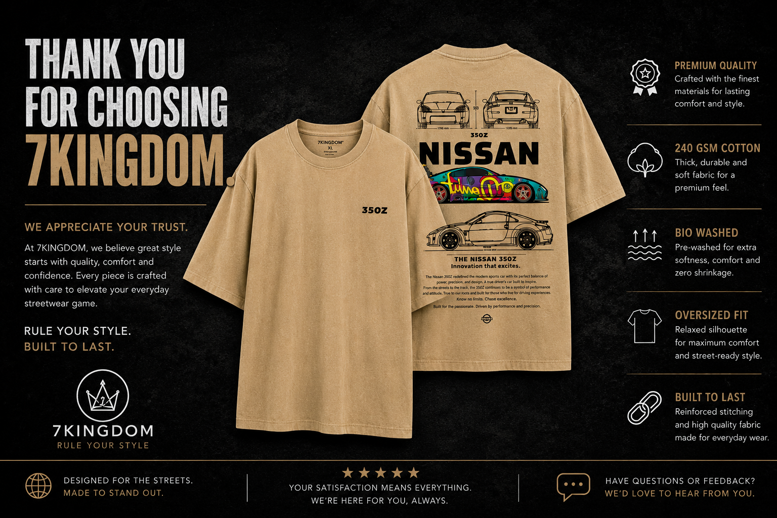 7KINGDOM 350Z Inspired Oversized T-Shirt – Premium 240 GSM Bio-Washed Cotton | Drop Shoulder Streetwear Graphic Tee | Unisex Beige