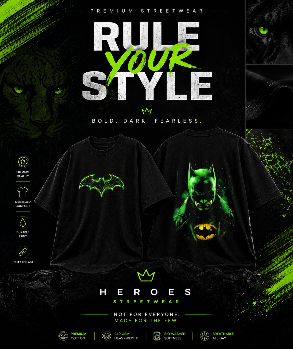 7KINGDOM Dark Knight Oversized T-Shirt – Premium 240 GSM Graphic Streetwear Tee | Oversize Fit Black