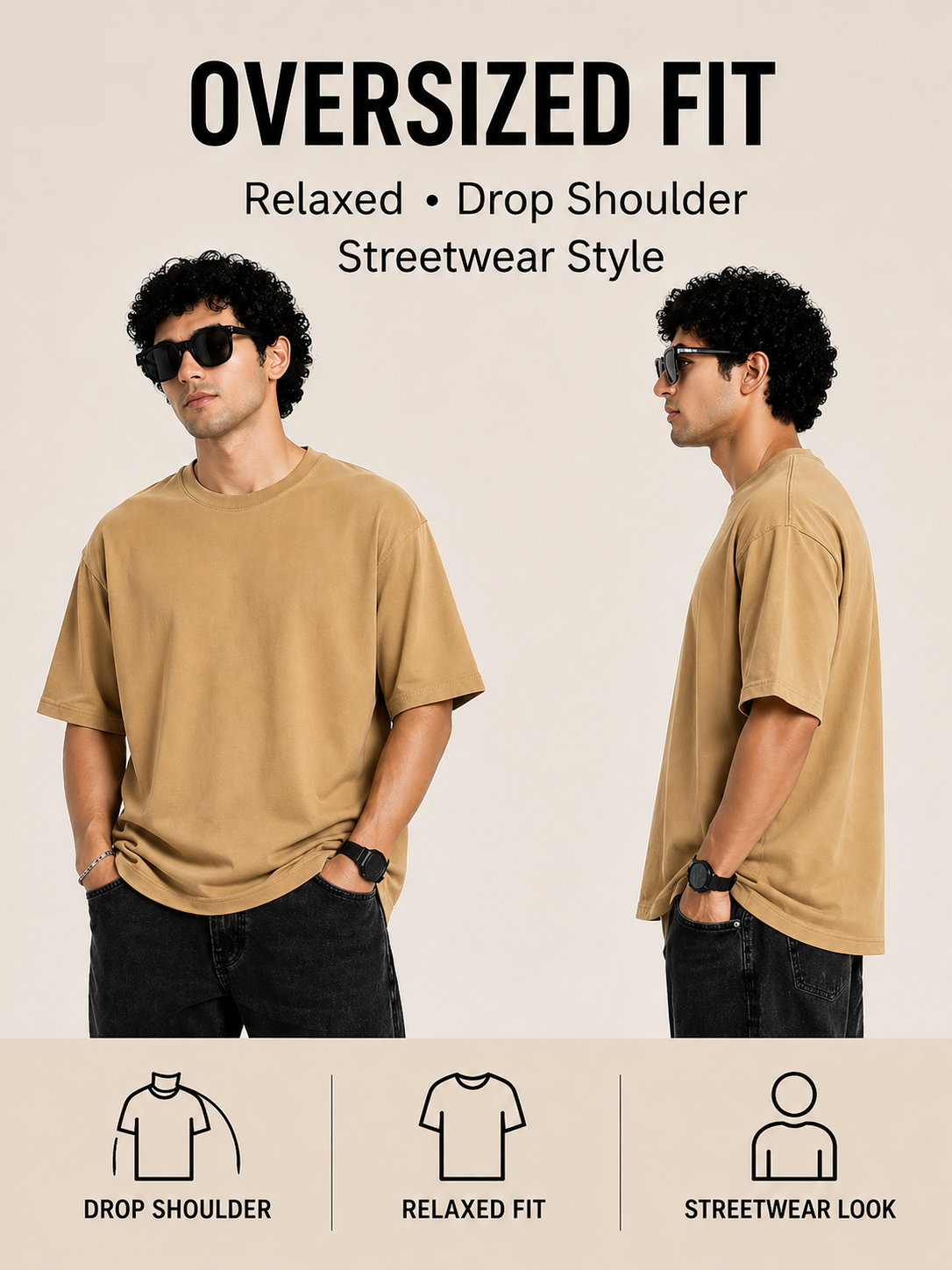 7KINGDOM Beige Oversized Tee – 240 GSM Premium Cotton