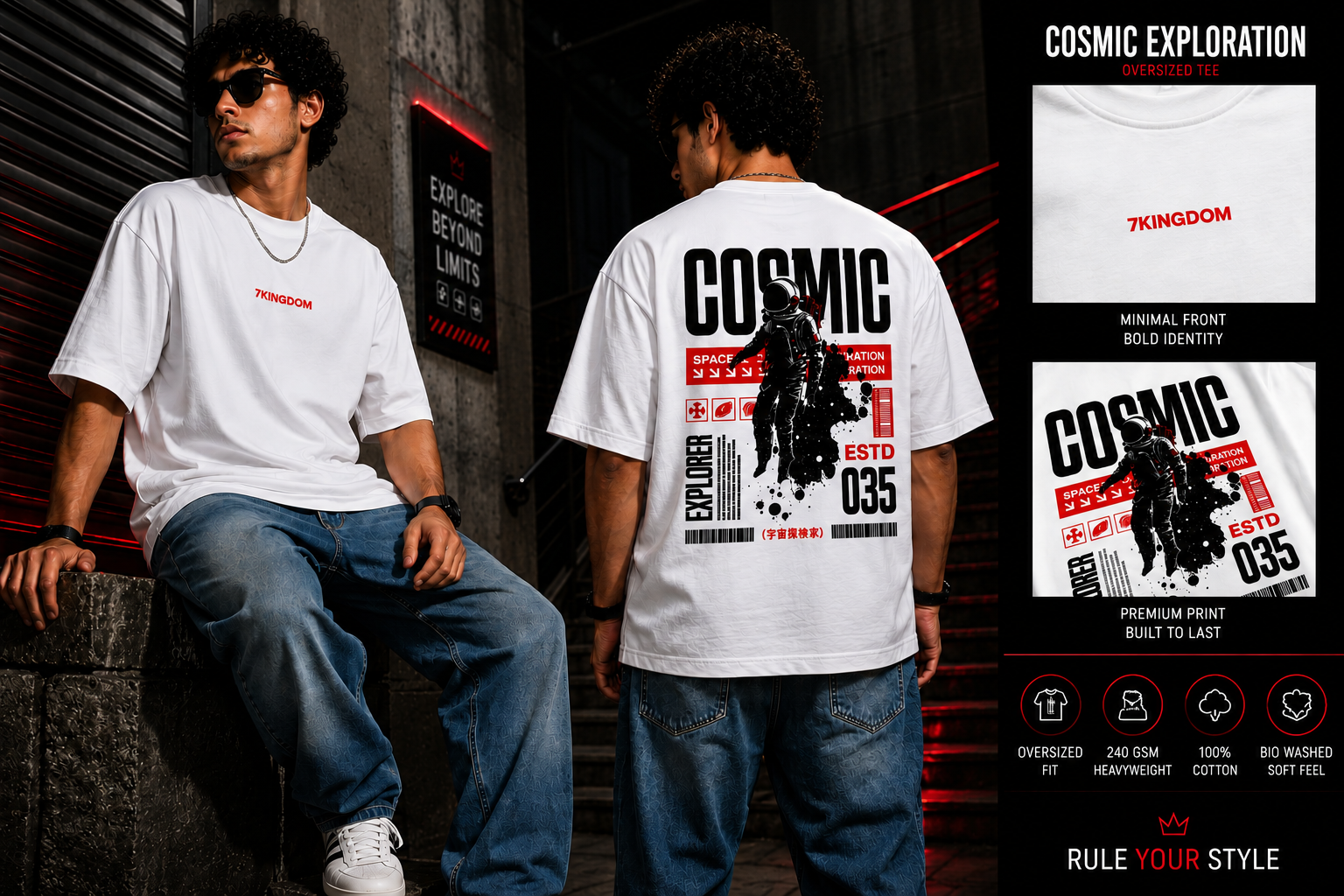 7KINGDOM White  Cosmic Oversized Tee – 240 GSM Streetwear Fit