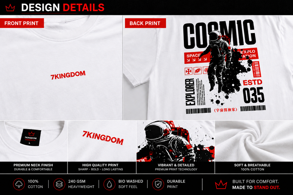 7KINGDOM White  Cosmic Oversized Tee – 240 GSM Streetwear Fit