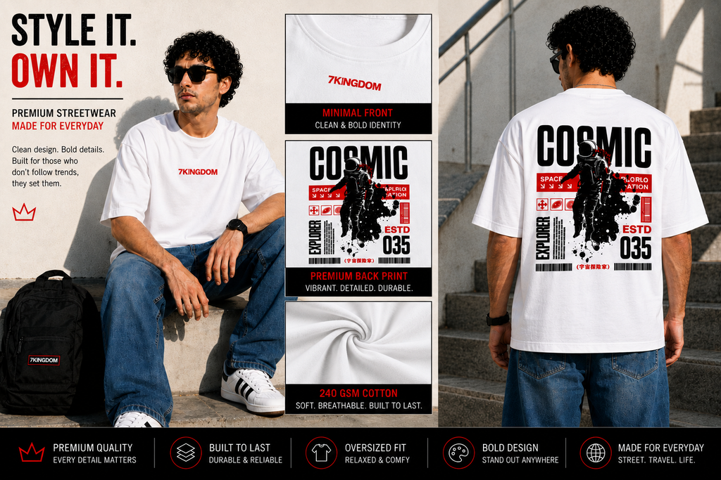 7KINGDOM White  Cosmic Oversized Tee – 240 GSM Streetwear Fit