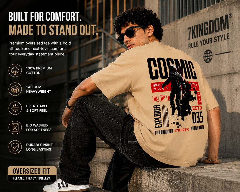 7KINGDOM Beige Cosmic Oversized Tee – 240 GSM Streetwear Fit