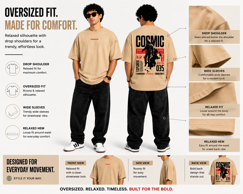 7KINGDOM Beige Cosmic Oversized Tee – 240 GSM Streetwear Fit